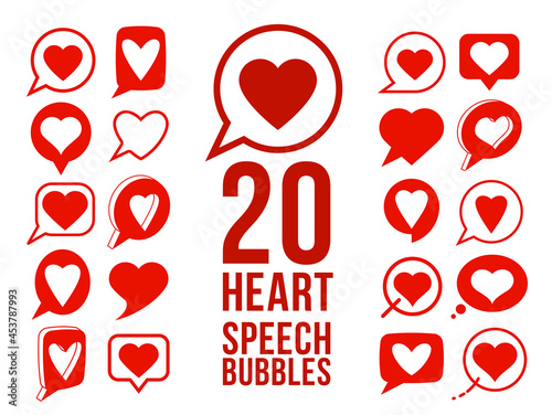 Hearts in speech bubbles vector logos or icons set, love message in chat concept, comment or mark in social media, communication romantic note.