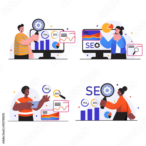 Seo analysis concept scenes set. People research and analyze site data, optimize search results, promote sites, develop successful online strategy. Vector illustration collection in trendy flat design