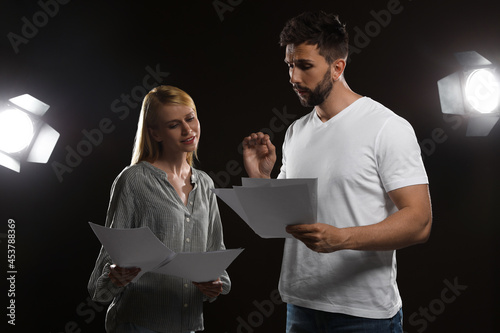 Принти на полотні Professional actors reading their scripts during rehearsal in theatre