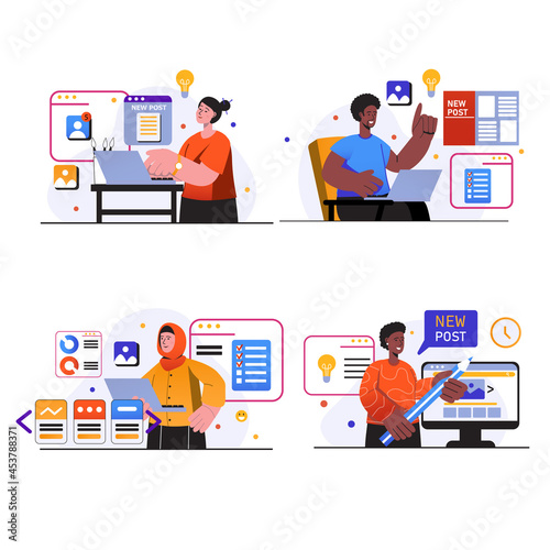 Content manager concept scenes set. People creating new texts and posts, drawing graphics and images, filling websites, developing web pages. Vector illustration collection in trendy flat design © Andrey