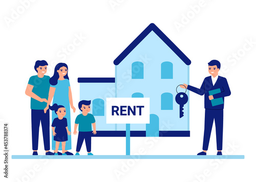 Family buy or rent home with help agent property estate. House rent advisor and services concept. Mother, Father and children moving to new place, private building. Vector flat illustration