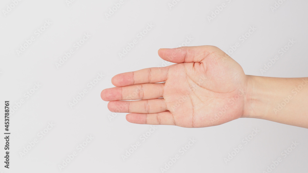 Go in This Direction hand sign isolated on white background. (BY held flat and the palm facing the side point at a specific direction using all five fingers.) Go in This Direction hand sign isolated on white background. (BY held flat and the palm facing the side point at a specific direction using all five fingers.)