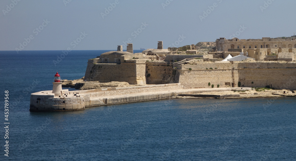 view of the port with St. Elmo's fort and the lighthouse, Valetta, Malta