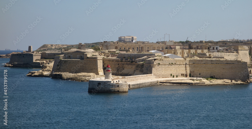 view of the port with St. Elmo's fort and the lighthouse, Valetta, Malta