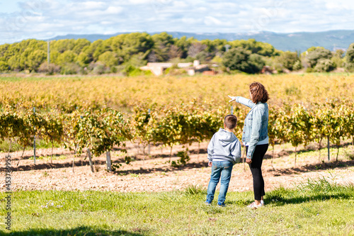 Mother showing some vineyards to her son