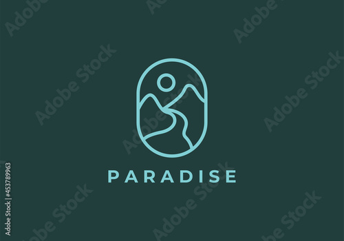 Emblem mountain and river landscape adventure logo icon vector template with linear line art style.
