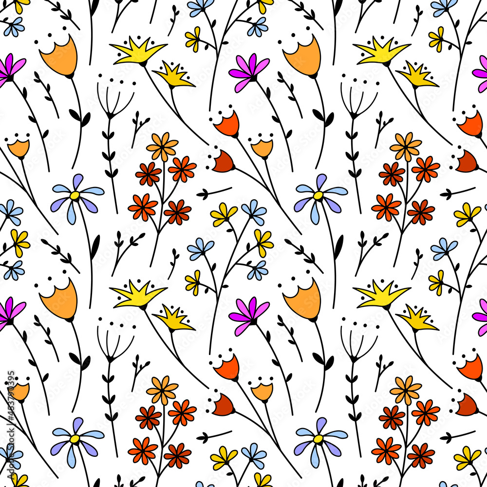 Fototapeta premium Floral seamless pattern flowers cartoon style on white background