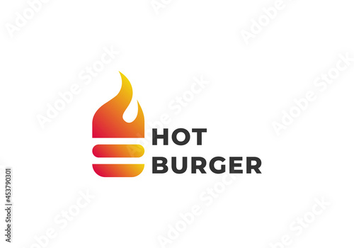 hot fire flame burger logo, spicy food hamburger template vector emblem.