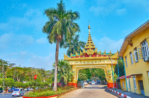 Te gate with pyathat roof on Shwedagon Pagoda Road, Yangon, Myanmar photo