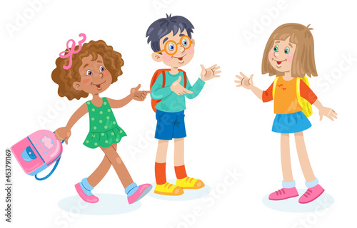 Meeting of school friends. Two little girls and a funny boy are standing and talking. In cartoon style. Isolated on white background. Vector illustration.