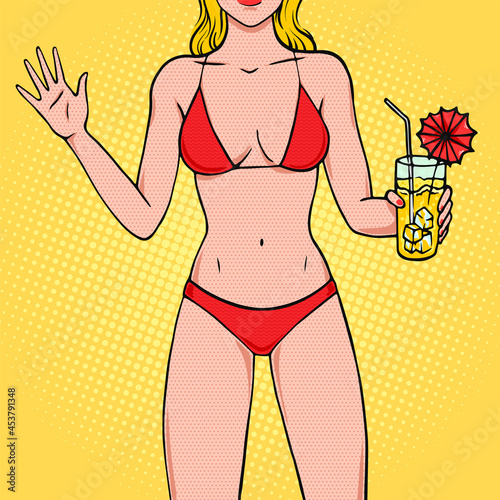 Sexy young woman in bikini holding a drink and waving hand, hand-drawn vector illustration in pop art retro comics style eps10
