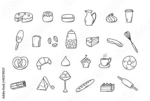 Vector elements of sweet snacks and pastries, coffee dishes. Excellent for decorating cafes and menus. Doodle icon style.