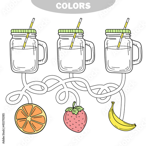 Coloring. Puzzle and activity for children. Go through the maze and color the lemonade with the correct fruit color.