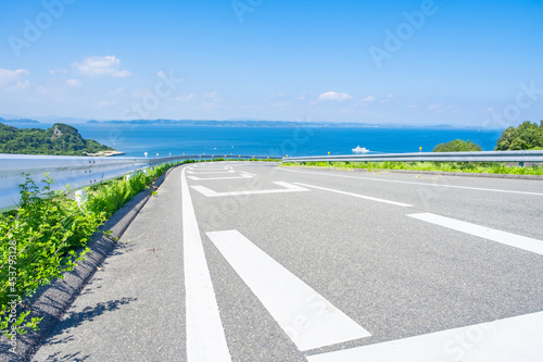 Beautiful Landscape of A Slope Way near The Sea or Ocean in Summer, Karato in Teshima Island in Kagawa Prefecture in Japan, Travel or Vacation Background	 photo