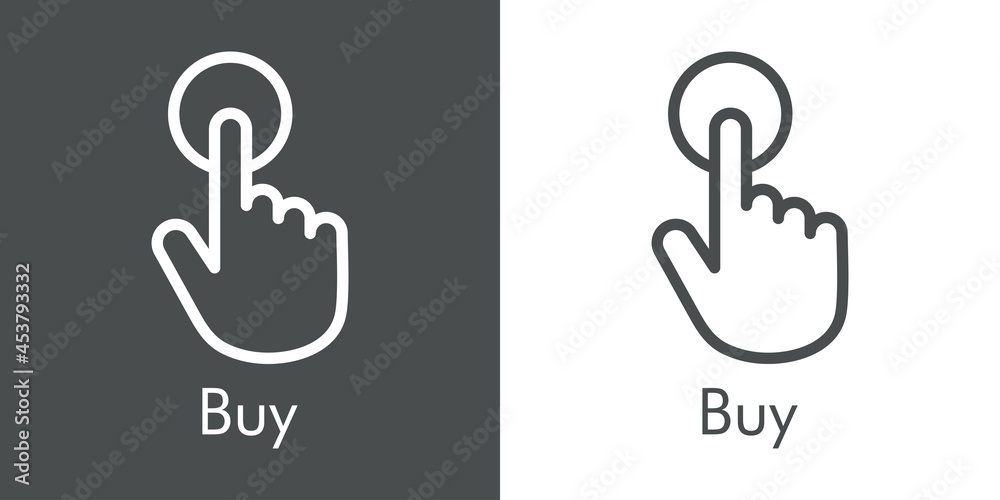 Comercio electrónico. Logotipo con texto Buy y silueta de mano y botón con lineas en fondo gris y fondo blanco