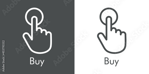 Comercio electrónico. Logotipo con texto Buy y silueta de mano y botón con lineas en fondo gris y fondo blanco