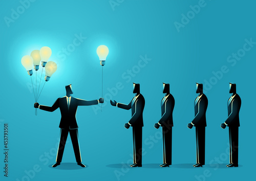 Businessman sharing knowledge to another businessmen symbolize by light bulb balloons
