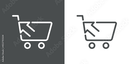 Logotipo con texto Shopping con silueta de carrito de la compra con flecha de cursor con lineas en fondo gris y fondo banco