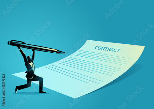 Businessman with giant pen and paper signing a contract