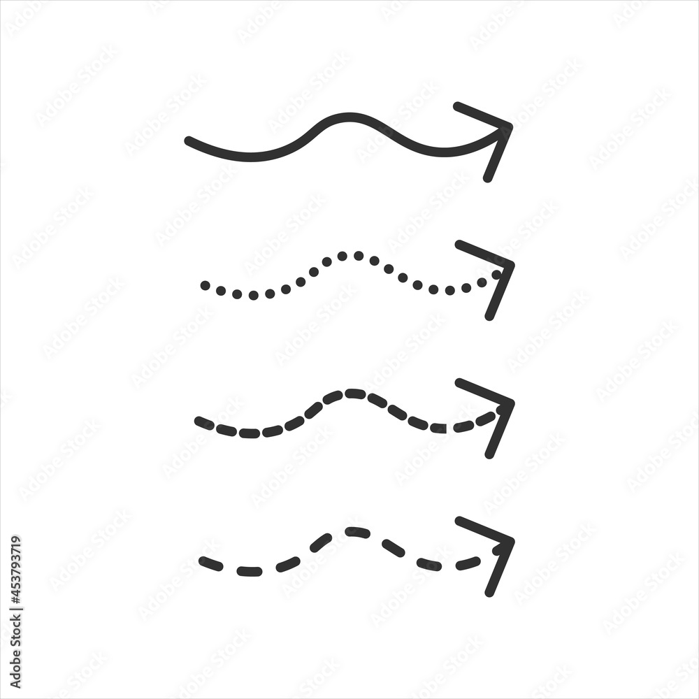 Set of wavy arrows in dashed dotted line style ready for your text. Stock Vector illustration isolated on white background.