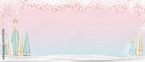 Christmas and New Year background.Studio room with Golden conical Christmas tree and snowflakes.Vector banner backdrop of winter scenery with Xmas elements for holiday greeting card 2022