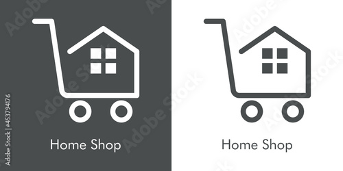 Logotipo con texto Home Shop con carrito de la compra con tejado de casa y ventanas con lineas en fondo gris y fondo blanco