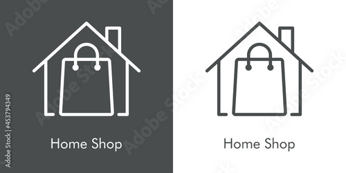 Logotipo con texto Home Shop con bolsa de la compra con casa con lineas en fondo gris y fondo blanco