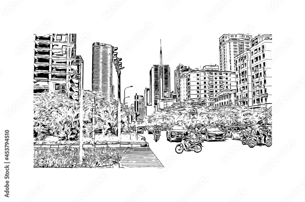 Building view with landmark of Hanoi is the  capital in Vietnam. Hand drawn sketch illustration in vector.