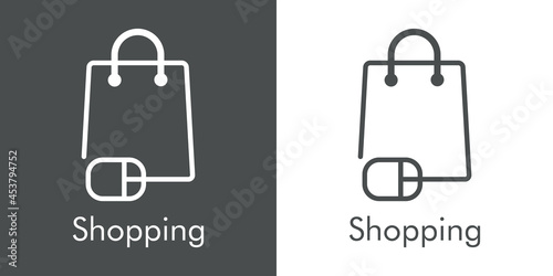 Símbolo de tienda en línea. Logotipo lineal con texto Shopping con bolsa de la compra con mouse de ordenador en fondo gris y fondo blanco