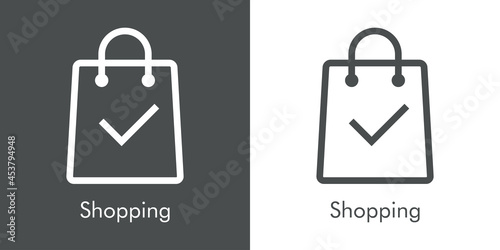 Logotipo con texto Shopping con silueta de bolsa de la compra con cheque de verificación con lineas en fondo gris y fondo banco