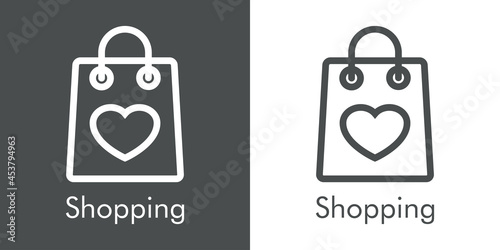 Logotipo con texto Shopping con silueta de bolsa de la compra con corazón con lineas en fondo gris y fondo banco