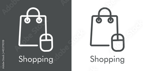 Símbolo de tienda en línea. Logotipo lineal con texto Shopping con bolsa de la compra con mouse de ordenador en fondo gris y fondo blanco