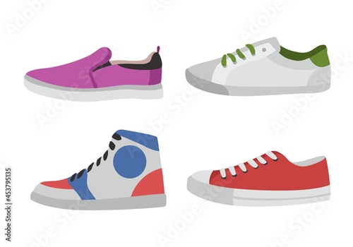 Shoes. Types of footwear. Mens or womens clothes for sport and casual wear. Side view of trendy sneaker and slip-on. Fashionable bright footgear collection. Vector unisex accessories set