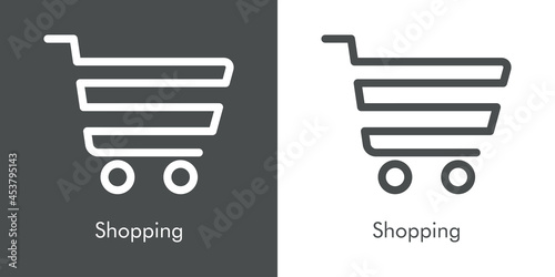 Logotipo con texto Shopping con silueta de carrito de la compra con lineas en zigzag en fondo gris y fondo blanco