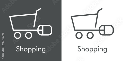 Símbolo de tienda en línea. Logotipo lineal con texto Shopping con carrito de la compra con mouse de ordenador en fondo gris y fondo blanco