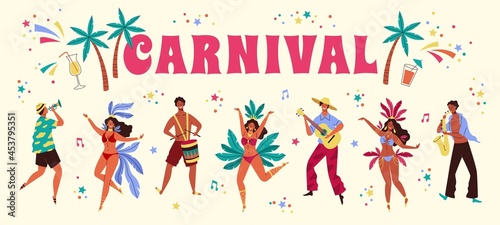 Brazil carnival. Big heading word and happy festive people dancers and musicians  holiday tropical elements drinks and palms. Women and men in costumes with feathers and leaves  vector concept