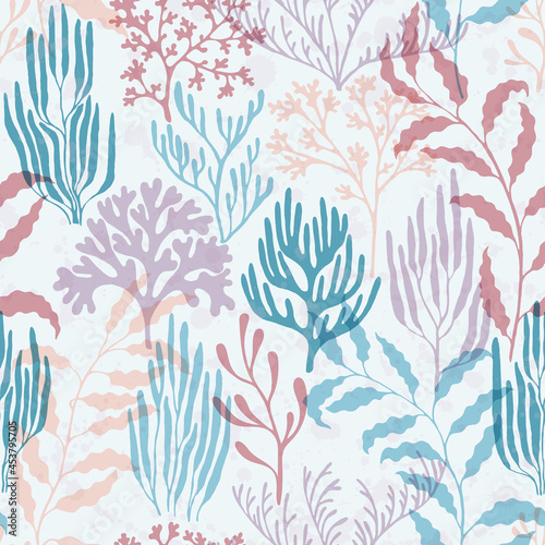 Ocean corals seamless pattern.  Australian staghorn and pillar corals branches.