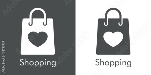 Logotipo con texto Shopping con silueta de bolsa de la compra con corazón en fondo gris y fondo banco
