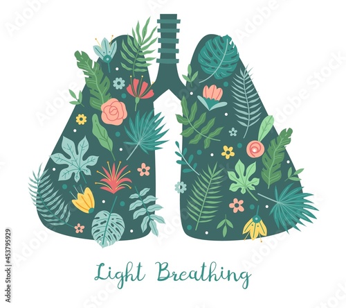 Lungs care. Light breathing concept. Cartoon body respiratory organ with green plant leaves and flowers. Healthy respiration. Fresh air. Vector clean environment and nature protection