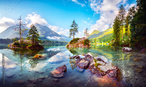 Amazing sunny summer day on the Hintersee lake in Austrian Alps, Europe. Landscape photography