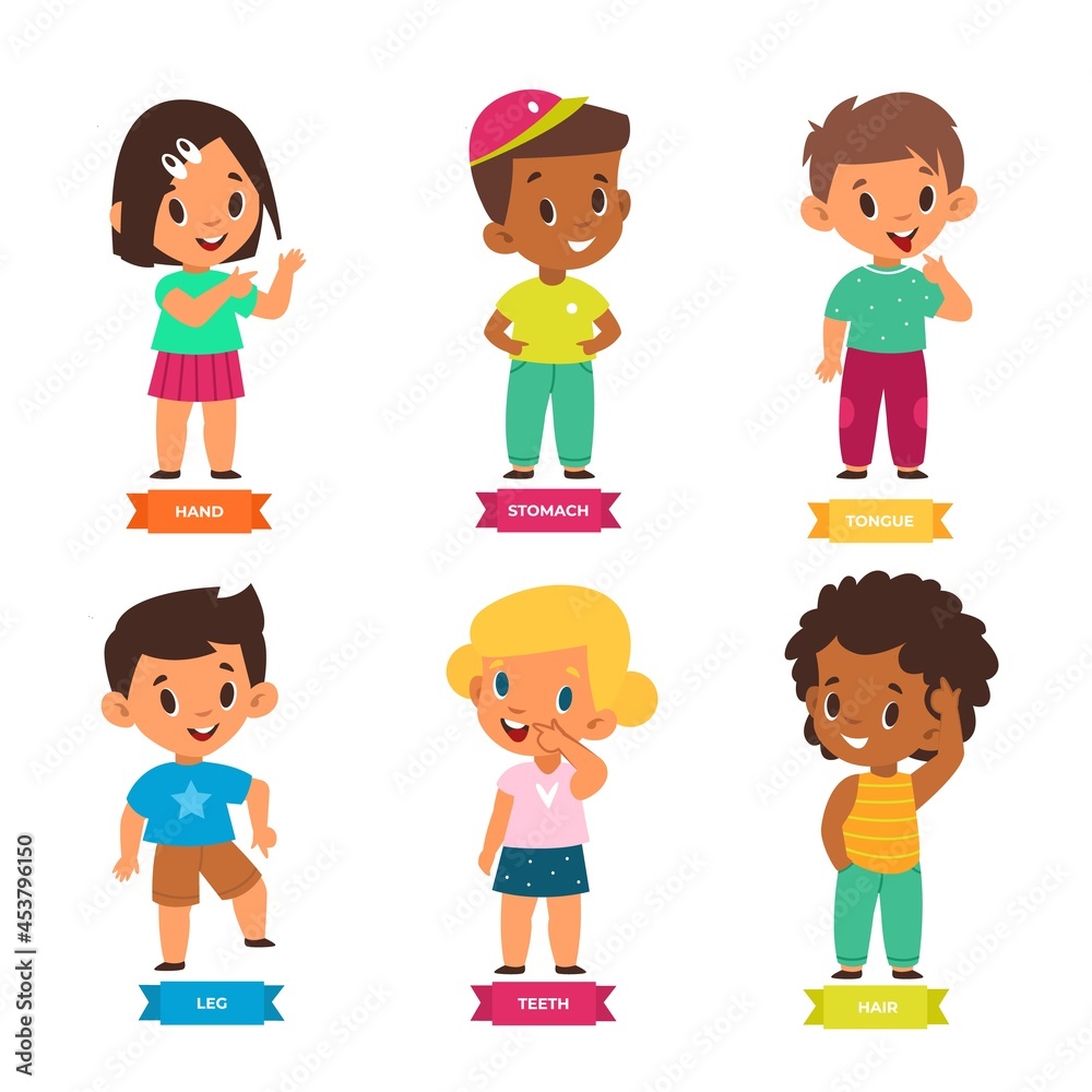 Kid pointing body part. Little funny preschool boys and girls show hands, feet, hair and tummy location, tongue and teeth, toddler education games. Poster for kindergarten. Vector set