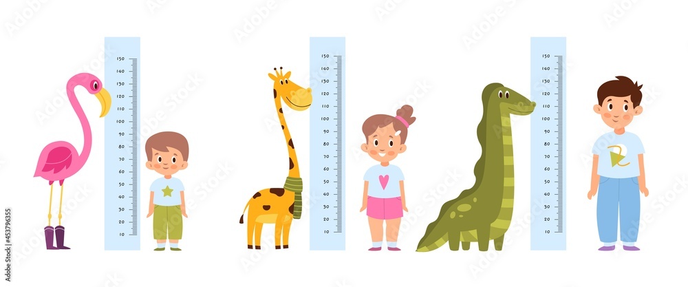 Obraz premium Kid measure height. Different growth and ages children stand near wall-mounted growth meters with funny cute animals decor. Pink flamingo giraffe and dinosaur. Vector cartoon concept
