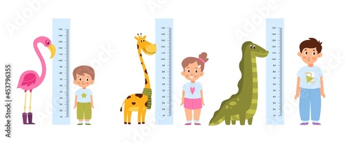 Kid measure height. Different growth and ages children stand near wall-mounted growth meters with funny cute animals decor. Pink flamingo giraffe and dinosaur. Vector cartoon concept