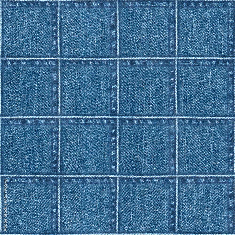 Fototapeta premium Jeans patchwork fashion background. Denim blue grunge textured seamless pattern
