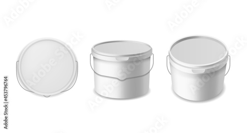 Buckets plastic. Construction liquids containers template, white bucket for different products packaging mockup. Pack with lid and metal handle top and perspective view. Vector realistic set