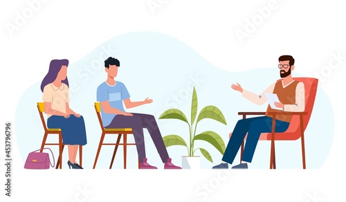 Family therapy. People counseling with psychologist, patient persons in psychotherapist sessions. Men and women talking to doctor about relationships problems, vector isolated illustration