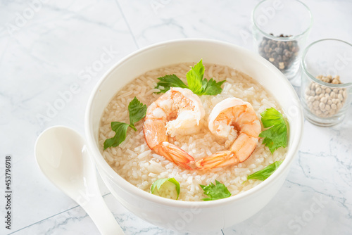 Asian Breakfast, shrimp rice porridge on white background 