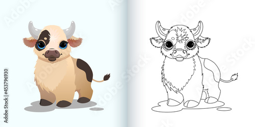 Coloring page with cute little cow in cartoon style. 