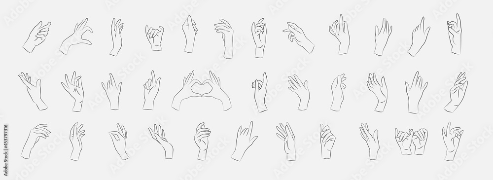 Set of vector female beauty hand. Editable outline stroke size. Line flat contour, thin and linear design. Simple icons. Concept illustration