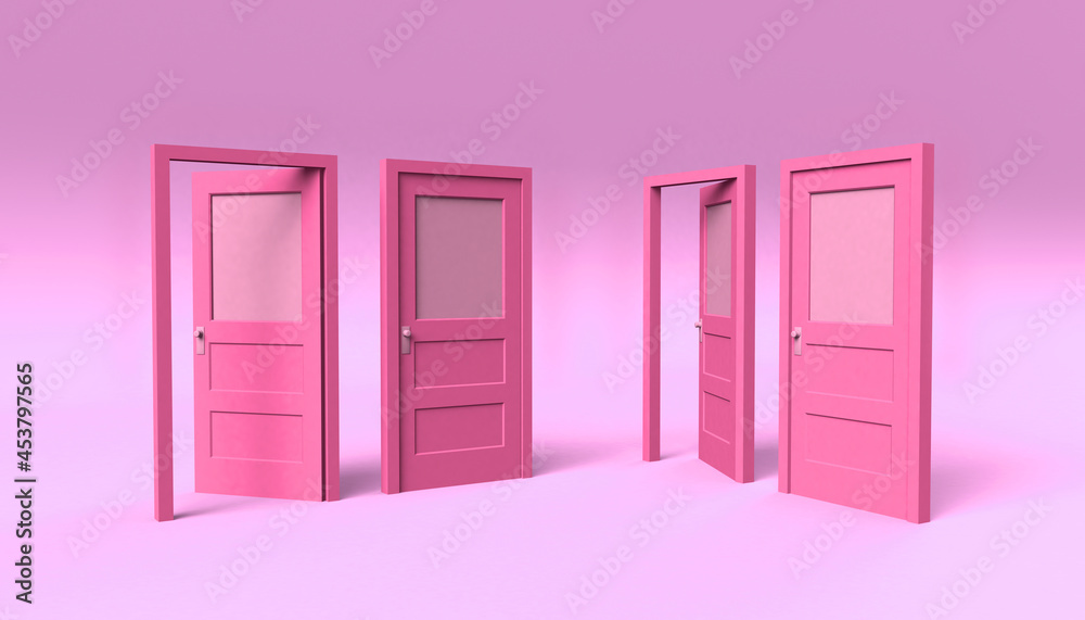 Set of open and closed blue doors. The ideas room. 3D illustration. Minimal. Set of open and closed blue doors. The ideas room. 3D illustration. Minimal.